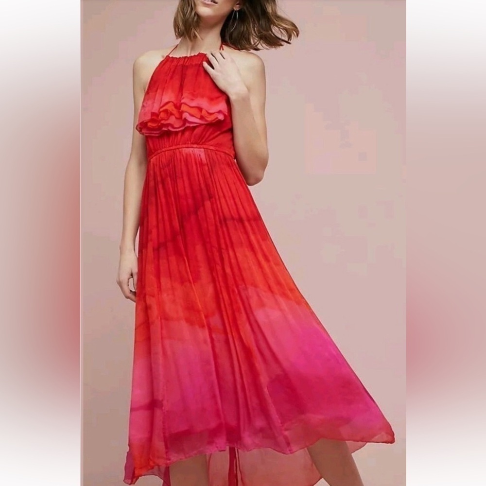 TRACY REESE Red Ombre Cascade Halter Hi/Lo Dress Size 0P layer/volume A34